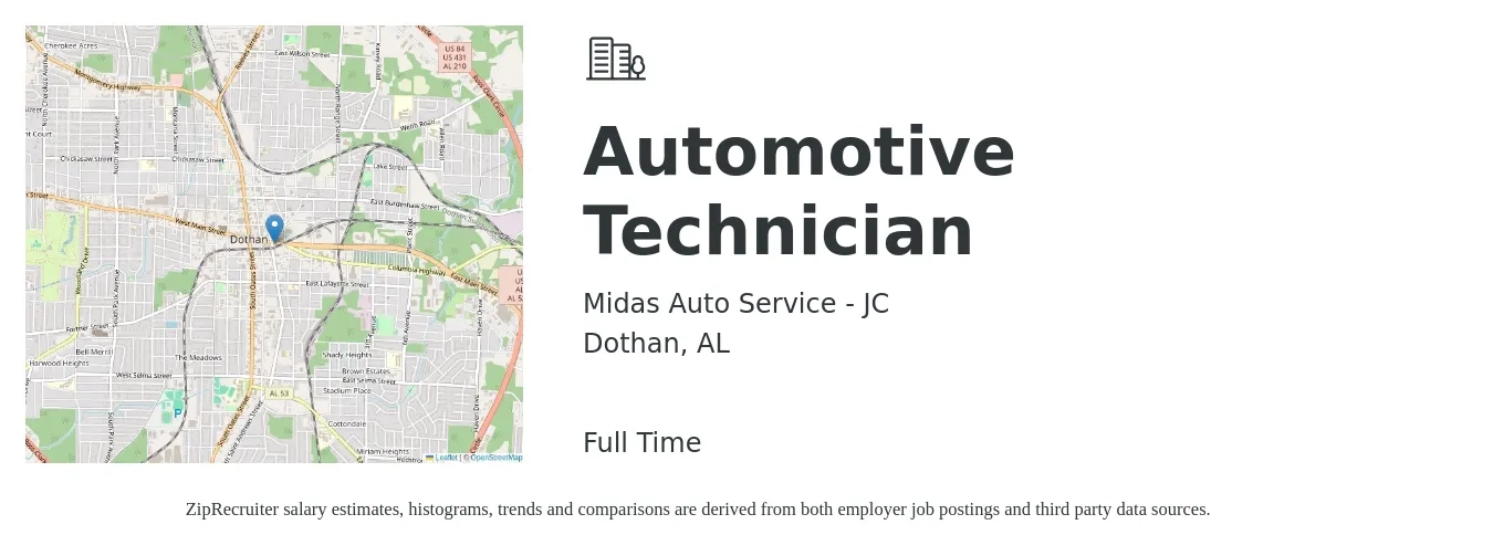 Midas Auto Service - JC job posting for a Automotive Technician in Dothan, AL with a salary of $20 to $32 Hourly with a map of Dothan location.
