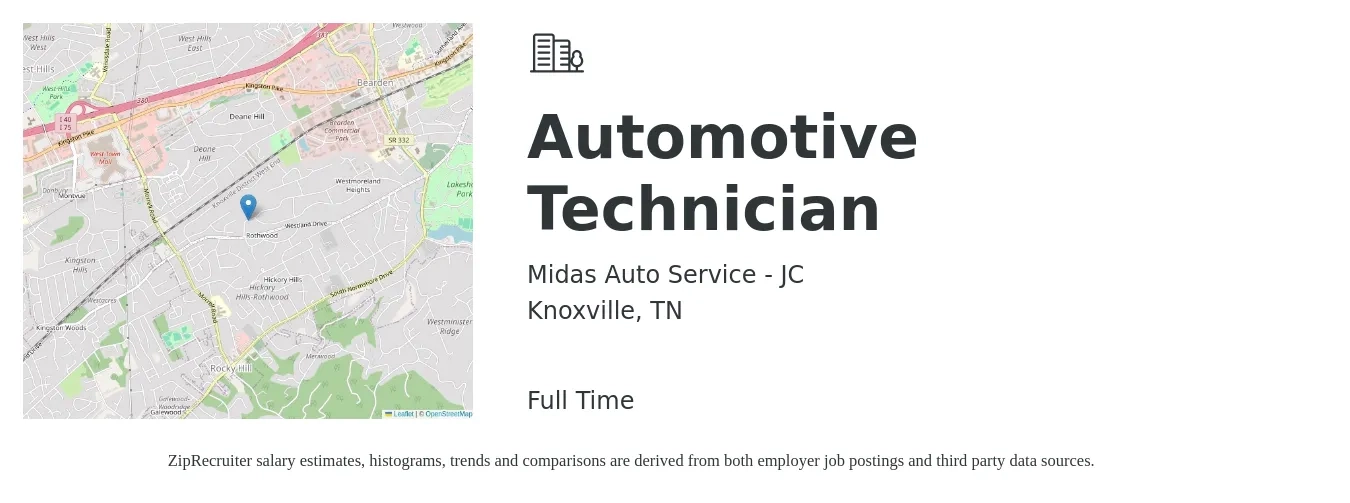 Midas Auto Service - JC job posting for a Automotive Technician in Knoxville, TN with a salary of $21 to $33 Hourly with a map of Knoxville location.