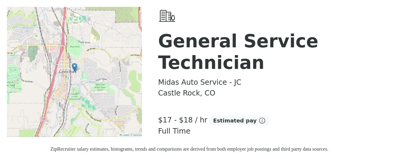 Midas Auto Service - JC job posting for a General Service Technician in Castle Rock, CO with a salary of $18 to $19 Hourly with a map of Castle Rock location.