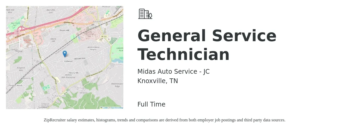 Midas Auto Service - JC job posting for a General Service Technician in Knoxville, TN with a salary of $14 to $18 Hourly with a map of Knoxville location.