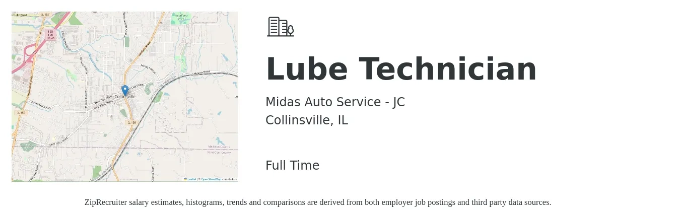 Midas Auto Service - JC job posting for a Lube Technician in Collinsville, IL with a salary of $13 to $18 Hourly with a map of Collinsville location.