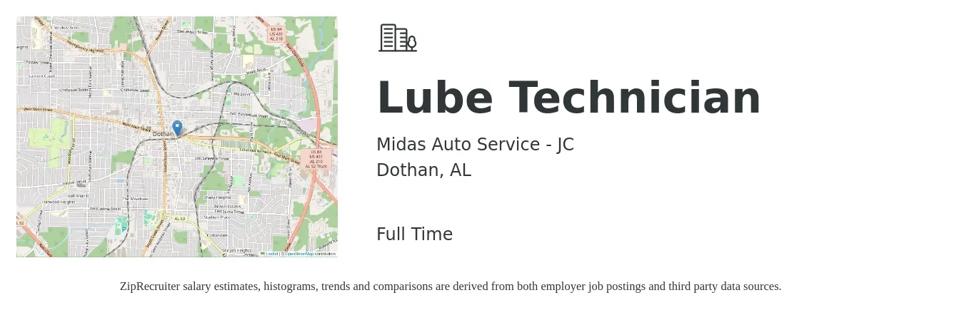 Midas Auto Service - JC job posting for a Lube Technician in Dothan, AL with a salary of $13 to $18 Hourly with a map of Dothan location.