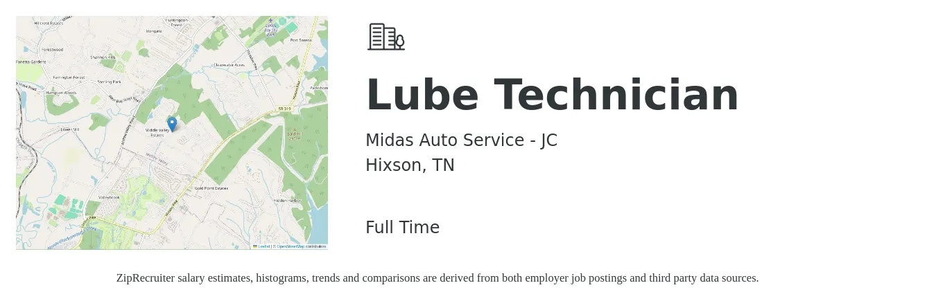 Midas Auto Service - JC job posting for a Lube Technician in Hixson, TN with a salary of $12 to $16 Hourly with a map of Hixson location.