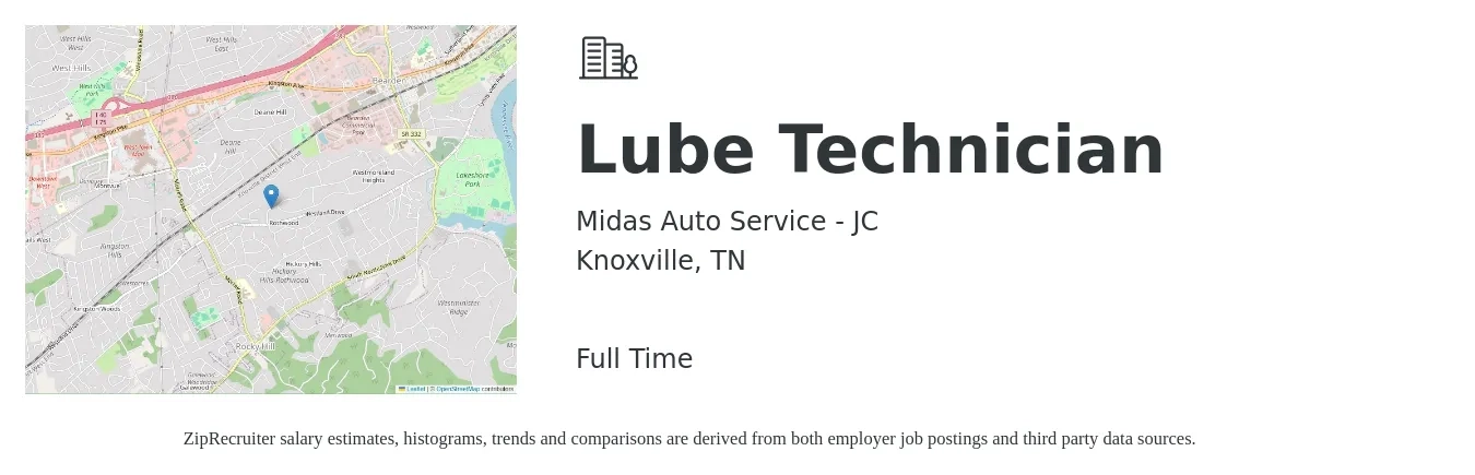 Midas Auto Service - JC job posting for a Lube Technician in Knoxville, TN with a salary of $13 to $18 Hourly with a map of Knoxville location.