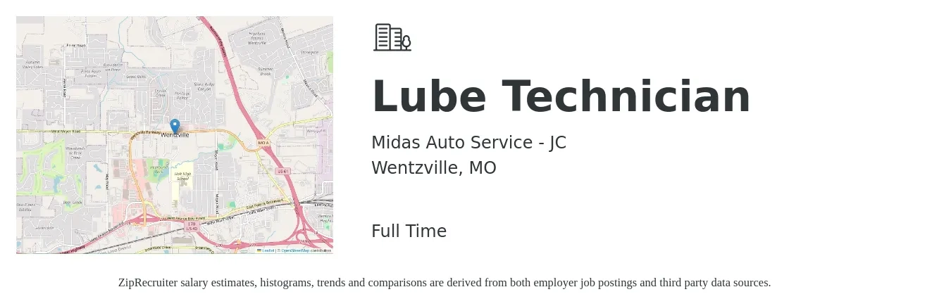 Midas Auto Service - JC job posting for a Lube Technician in Wentzville, MO with a salary of $14 to $18 Hourly with a map of Wentzville location.