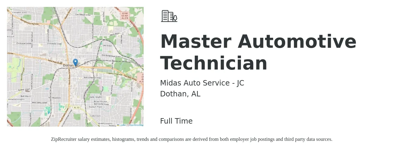 Midas Auto Service - JC job posting for a Master Automotive Technician in Dothan, AL with a salary of $28 to $41 Hourly with a map of Dothan location.