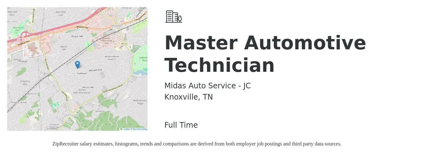 Midas Auto Service - JC job posting for a Master Automotive Technician in Knoxville, TN with a salary of $30 to $43 Hourly with a map of Knoxville location.