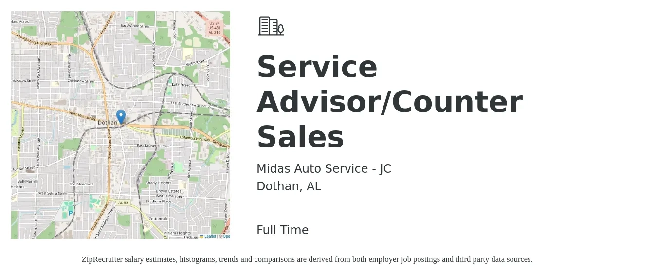 Midas Auto Service - JC job posting for a Service Advisor/Counter Sales in Dothan, AL with a salary of $18 to $28 Hourly with a map of Dothan location.