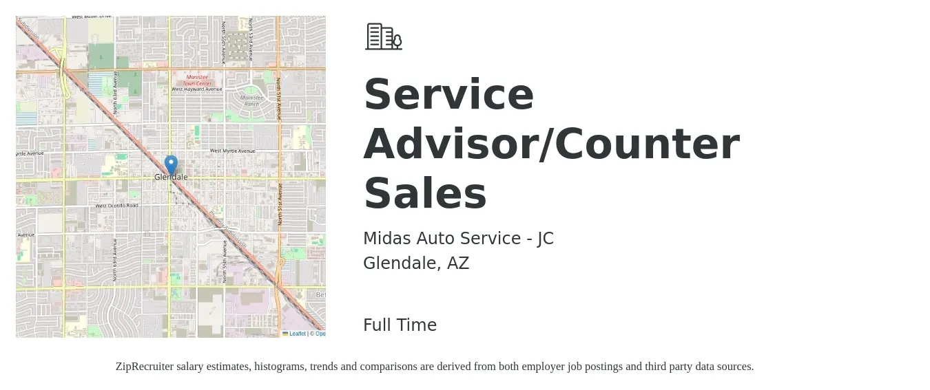 Midas Auto Service - JC job posting for a Service Advisor/Counter Sales in Glendale, AZ with a salary of $19 to $31 Hourly with a map of Glendale location.