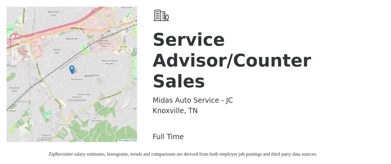 Midas Auto Service - JC job posting for a Service Advisor/Counter Sales in Knoxville, TN with a salary of $18 to $30 Hourly with a map of Knoxville location.