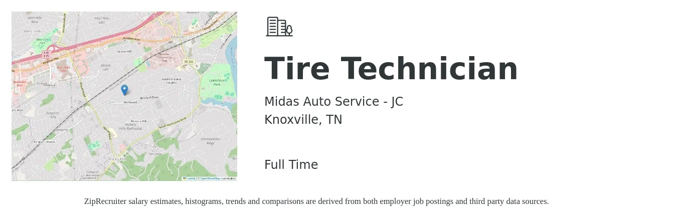 Midas Auto Service - JC job posting for a Tire Technician in Knoxville, TN with a salary of $16 to $19 Hourly with a map of Knoxville location.