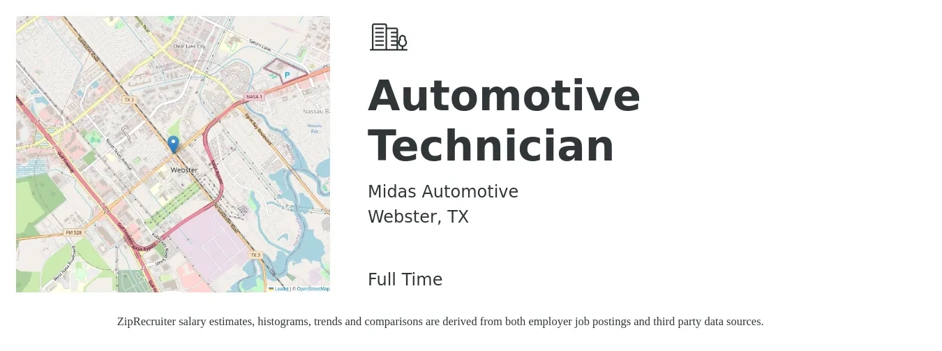 Midas Automotive job posting for a Automotive Technician in Webster, TX with a salary of $19 to $30 Hourly with a map of Webster location.