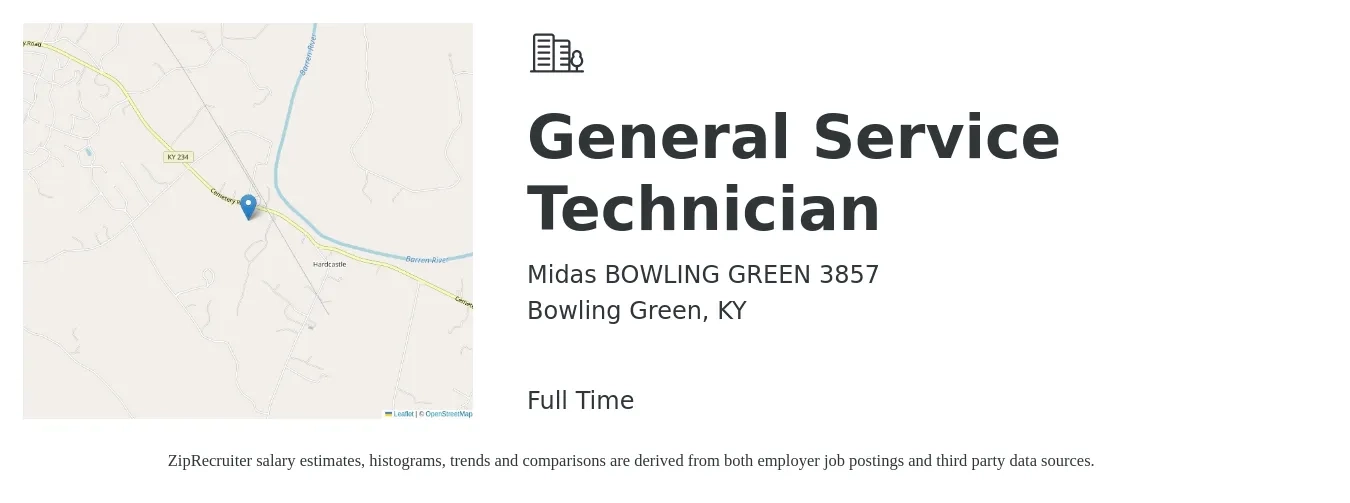 Midas BOWLING GREEN 3857 job posting for a General Service Technician in Bowling Green, KY with a salary of $500 to $800 Weekly with a map of Bowling Green location.