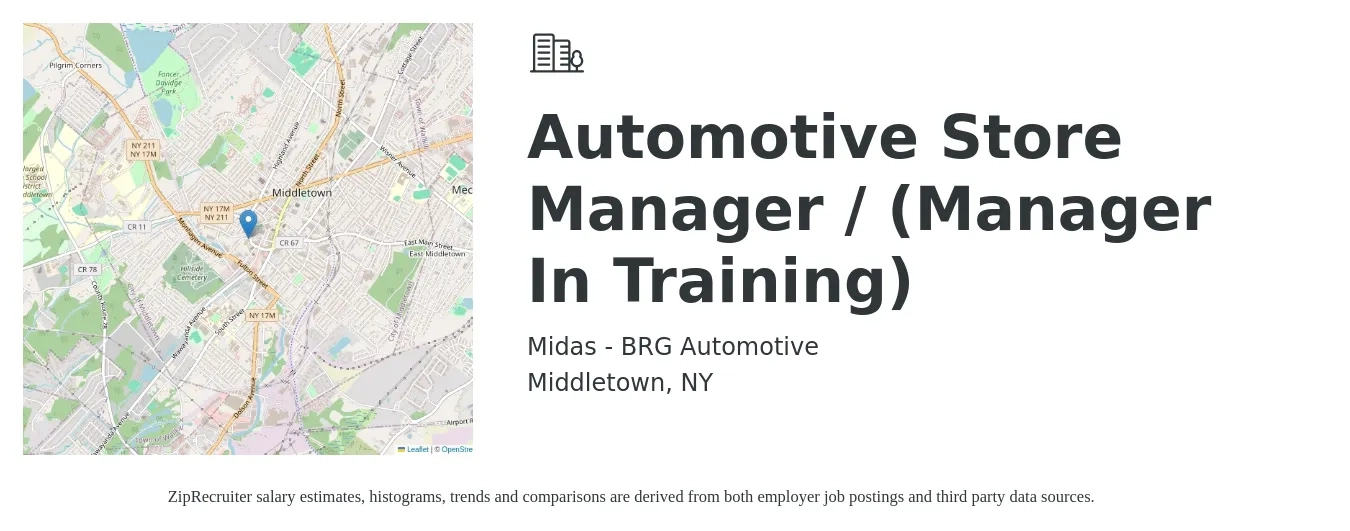 Midas - BRG Automotive job posting for a Automotive Store Manager / (Manager In Training) in Middletown, NY with a salary of $41,700 to $64,800 Yearly with a map of Middletown location.
