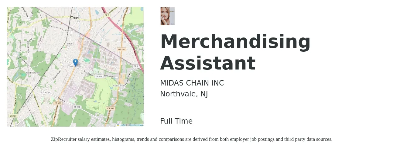MIDAS CHAIN INC job posting for a Merchandising Assistant in Northvale, NJ with a salary of $17 to $24 Hourly with a map of Northvale location.