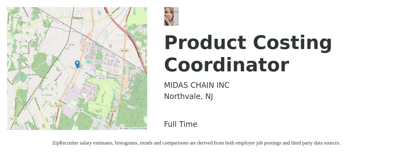 MIDAS CHAIN INC job posting for a Product Costing Coordinator in Northvale, NJ with a salary of $22 to $31 Hourly with a map of Northvale location.