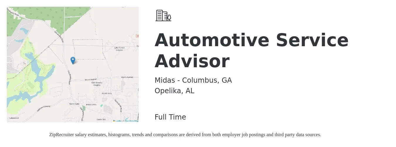Midas - Columbus, GA job posting for a Automotive Service Advisor in Opelika, AL with a salary of $16 to $27 Hourly with a map of Opelika location.