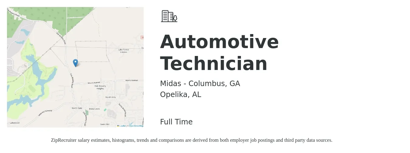Midas - Columbus, GA job posting for a Automotive Technician in Opelika, AL with a salary of $19 to $30 Hourly with a map of Opelika location.