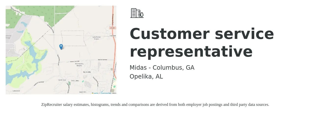 Midas - Columbus, GA job posting for a Customer service representative in Opelika, AL with a salary of $15 to $20 Hourly with a map of Opelika location.
