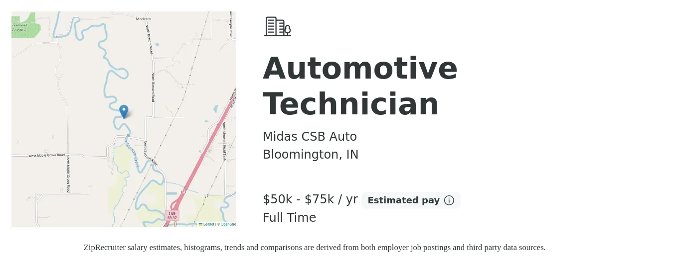 Midas CSB Auto job posting for a Automotive Technician in Bloomington, IN with a salary of $50,000 to $75,000 Yearly with a map of Bloomington location.