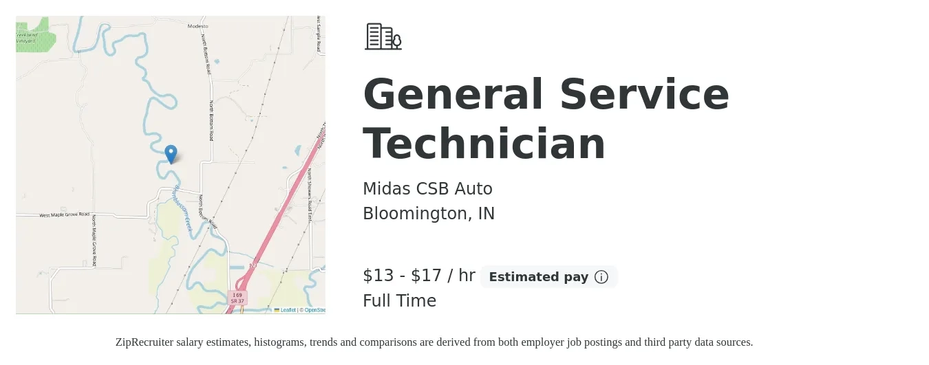 Midas CSB Auto job posting for a General Service Technician in Bloomington, IN with a salary of $14 to $18 Hourly with a map of Bloomington location.