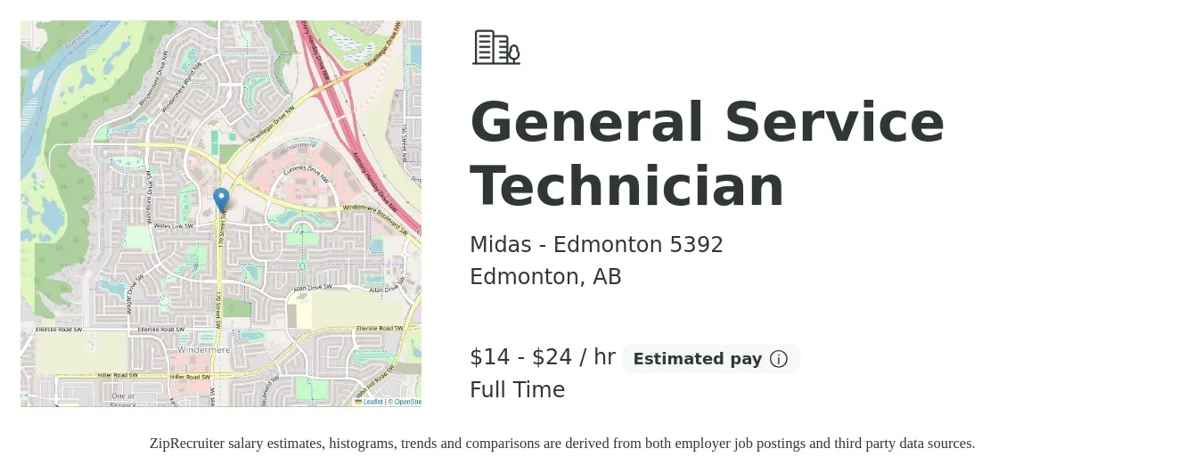 Midas - Edmonton 5392 job posting for a General Service Technician in Edmonton, AB with a salary of $15 to $24 Hourly with a map of Edmonton location.