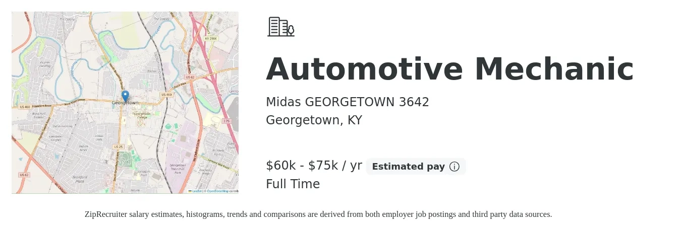 Midas GEORGETOWN 3642 job posting for a Automotive Mechanic in Georgetown, KY with a salary of $60,000 to $75,000 Yearly with a map of Georgetown location.