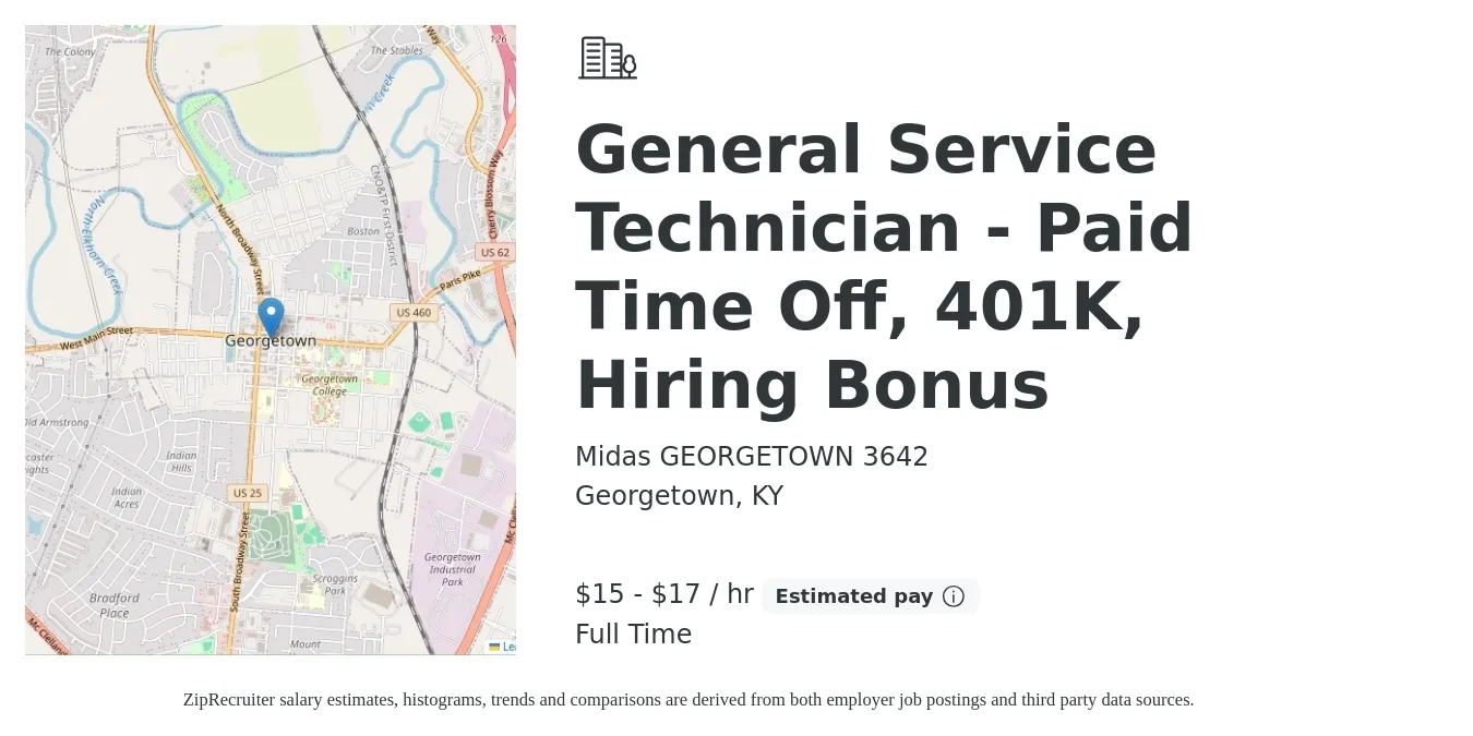 Midas GEORGETOWN 3642 job posting for a General Service Technician - Paid Time Off, 401K, Hiring Bonus in Georgetown, KY with a salary of $16 to $18 Hourly with a map of Georgetown location.