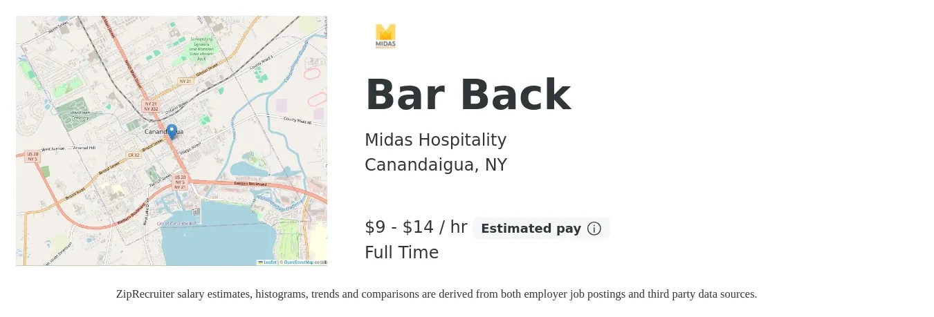 Midas Hospitality job posting for a Bar Back in Canandaigua, NY with a salary of $10 to $15 Hourly with a map of Canandaigua location.