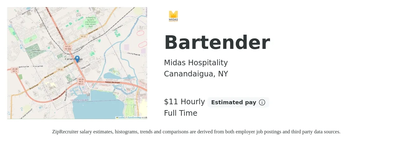 Midas Hospitality job posting for a Bartender in Canandaigua, NY with a salary of $12 to $12 Hourly with a map of Canandaigua location.