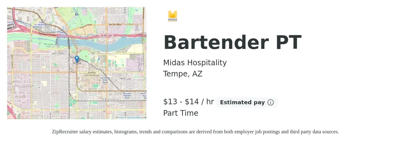 Midas Hospitality job posting for a Bartender PT in Tempe, AZ with a salary of $14 to $16 Hourly with a map of Tempe location.