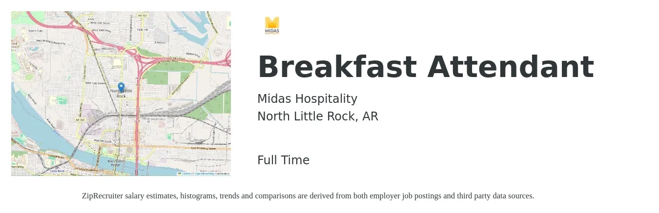 Midas Hospitality job posting for a Breakfast Attendant in North Little Rock, AR with a salary of $12 to $15 Hourly with a map of North Little Rock location.