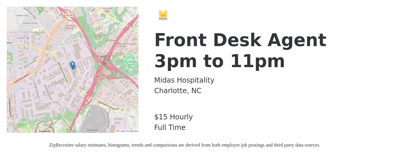 Midas Hospitality job posting for a Front Desk Agent 3pm to 11pm in Charlotte, NC with a salary of $16 Hourly with a map of Charlotte location.