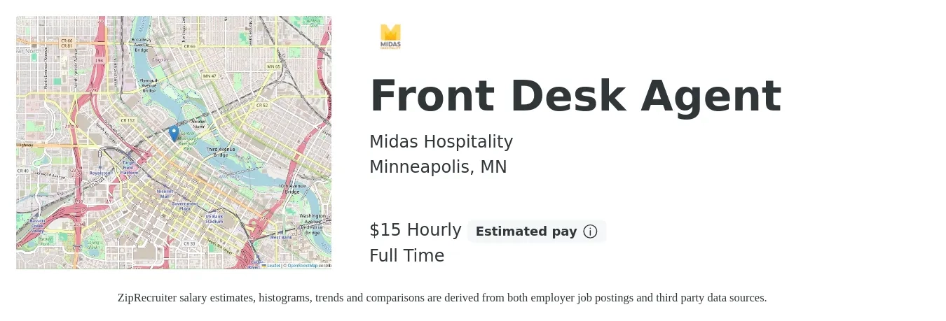 Midas Hospitality job posting for a Front Desk Agent in Minneapolis, MN with a salary of $16 to $16 Hourly with a map of Minneapolis location.