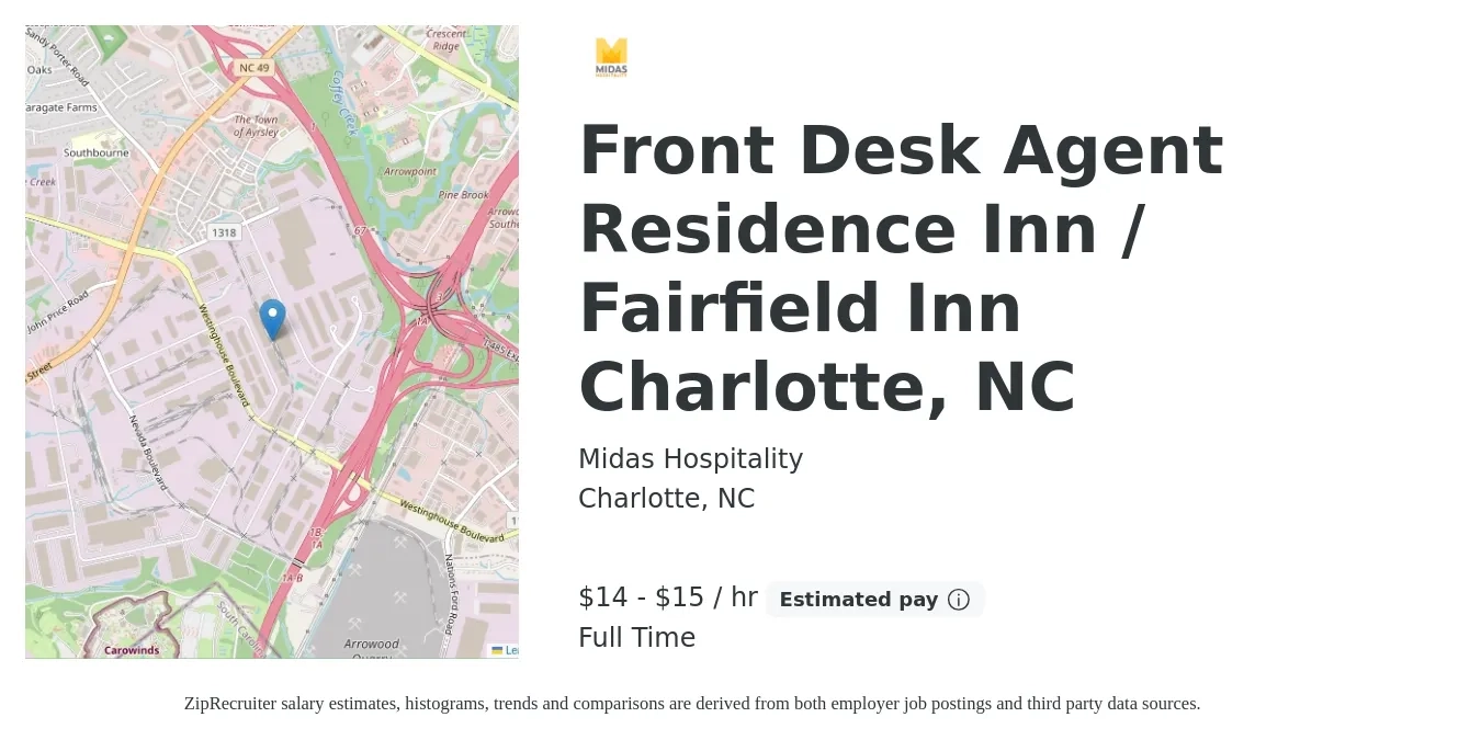 Midas Hospitality job posting for a Front Desk Agent Residence Inn / Fairfield Inn Charlotte, NC in Charlotte, NC with a salary of $15 to $16 Hourly with a map of Charlotte location.