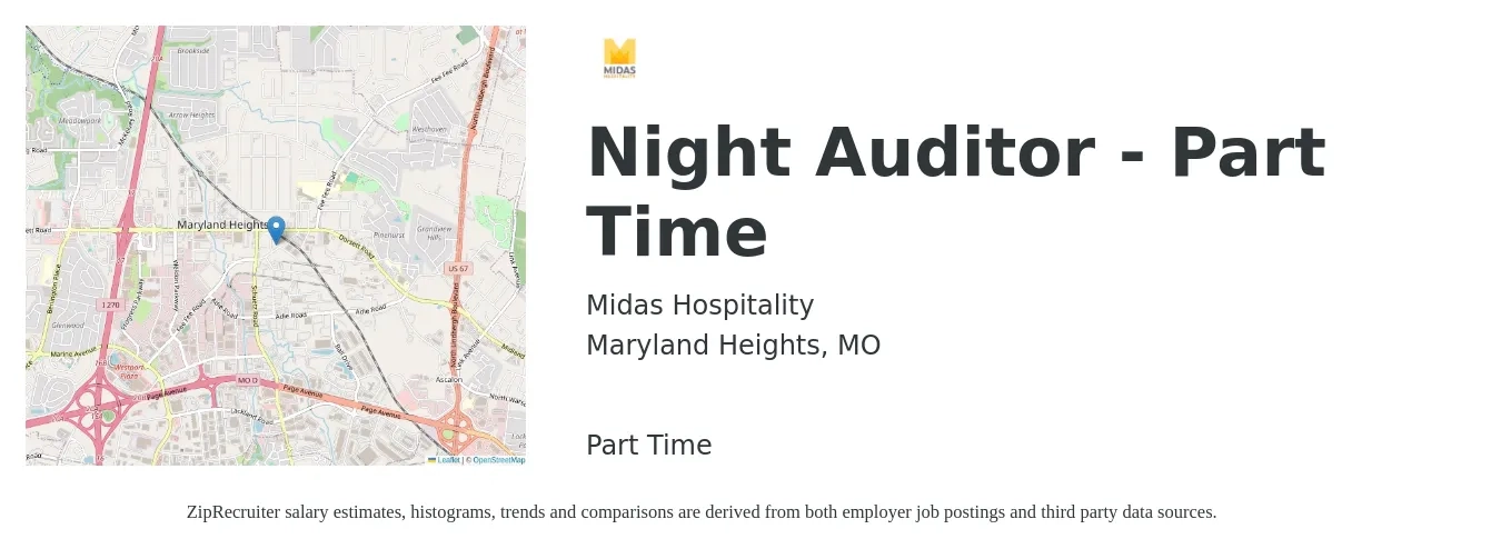 Midas Hospitality job posting for a Night Auditor - Part Time in Maryland Heights, MO with a salary of $14 to $19 Hourly with a map of Maryland Heights location.