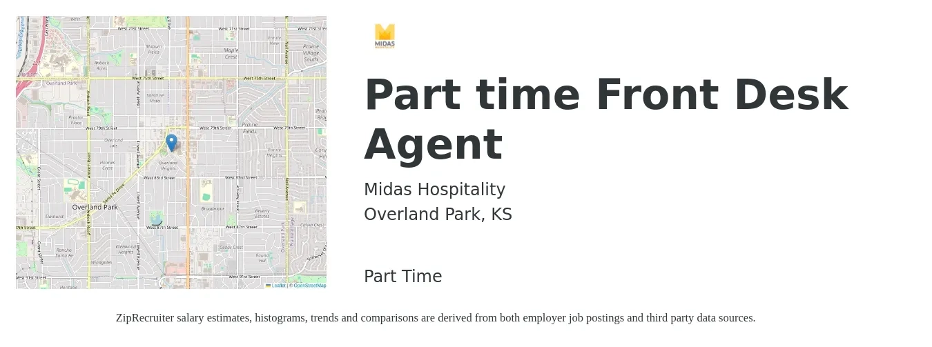 Midas Hospitality job posting for a Part time Front Desk Agent in Overland Park, KS with a salary of $14 to $18 Hourly with a map of Overland Park location.