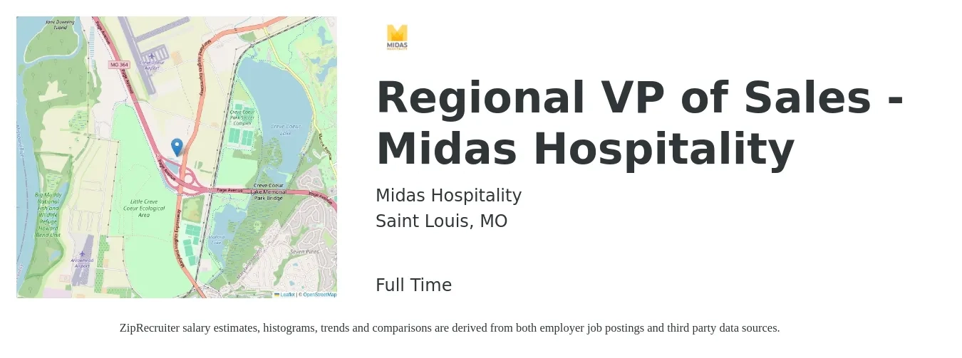 Midas Hospitality job posting for a Regional VP of Sales - Midas Hospitality in Saint Louis, MO with a salary of $90,500 to $159,700 Yearly with a map of Saint Louis location.