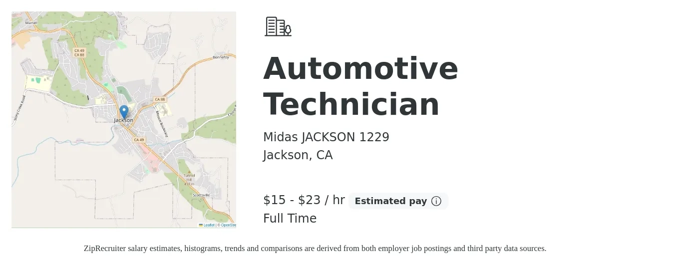 Midas JACKSON 1229 job posting for a Automotive Technician in Jackson, CA with a salary of $16 to $22 Hourly with a map of Jackson location.