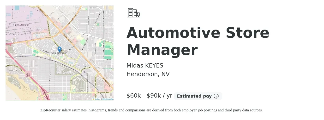 Midas KEYES job posting for a Automotive Store Manager in Henderson, NV with a salary of $60,000 to $90,000 Yearly with a map of Henderson location.
