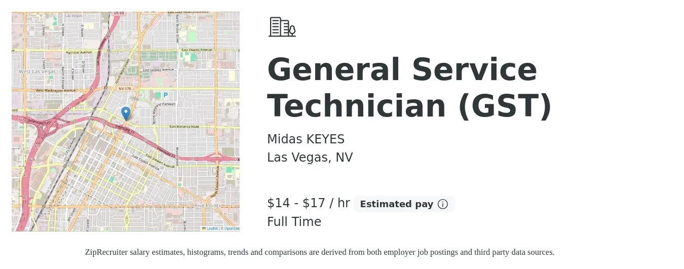 Midas KEYES job posting for a General Service Technician (GST) in Las Vegas, NV with a salary of $15 to $18 Hourly with a map of Las Vegas location.