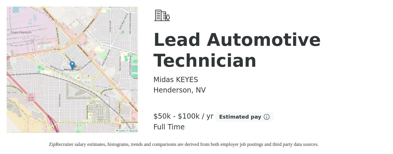 Midas KEYES job posting for a Lead Automotive Technician in Henderson, NV with a salary of $50,000 to $100,000 Yearly with a map of Henderson location.