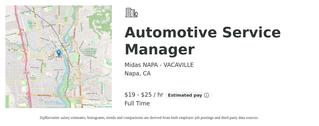 Midas NAPA - VACAVILLE job posting for a Automotive Service Manager in Napa, CA with a salary of $20 to $26 Hourly with a map of Napa location.
