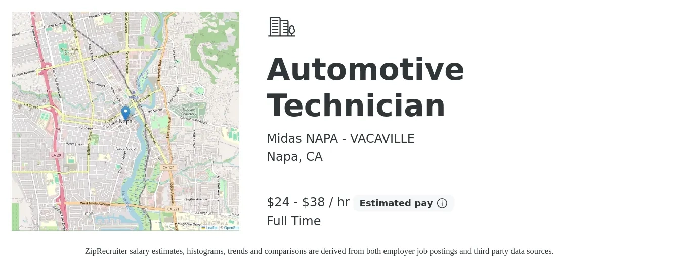 Midas NAPA - VACAVILLE job posting for a Automotive Technician in Napa, CA with a salary of $25 to $40 Hourly with a map of Napa location.