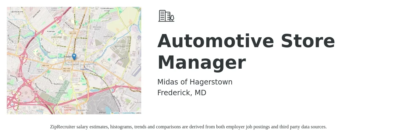 Midas of Hagerstown job posting for a Automotive Store Manager in Frederick, MD with a salary of $38,600 to $60,000 Yearly with a map of Frederick location.