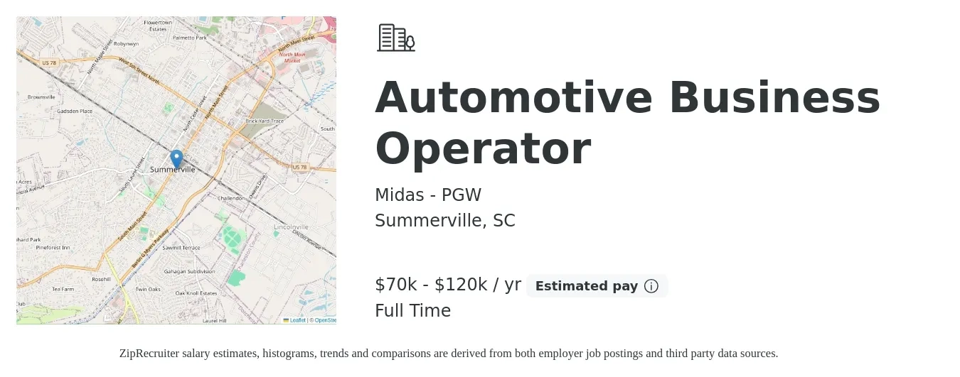 Midas - PGW job posting for a Automotive Business Operator in Summerville, SC with a salary of $70,000 to $120,000 Yearly with a map of Summerville location.