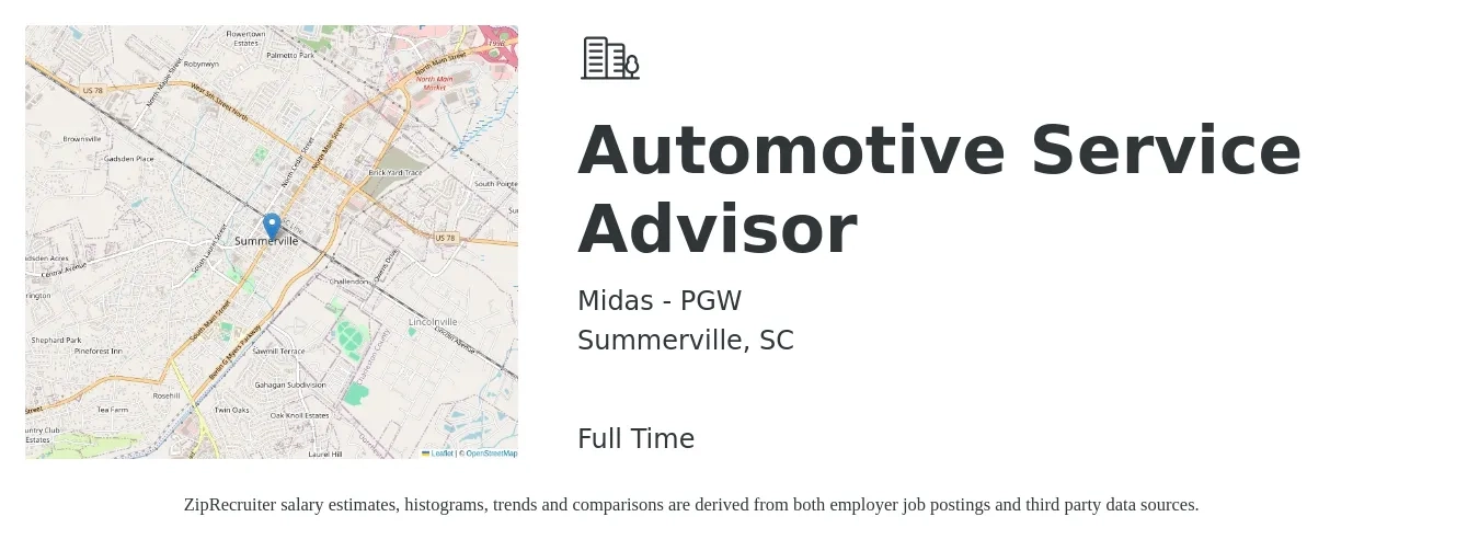 Midas - PGW job posting for a Automotive Service Advisor in Summerville, SC with a salary of $17 to $28 Hourly with a map of Summerville location.