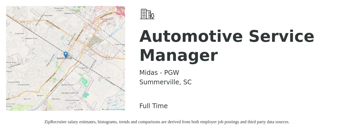 Midas - PGW job posting for a Automotive Service Manager in Summerville, SC with a salary of $900 to $1,500 Weekly with a map of Summerville location.