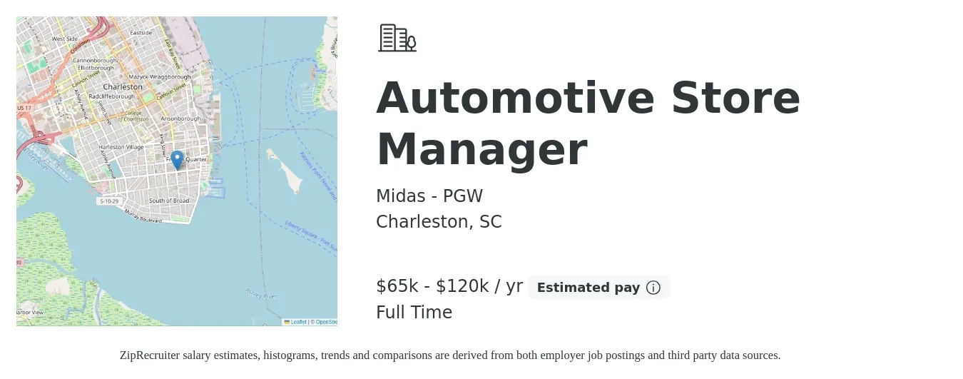 Midas - PGW job posting for a Automotive Store Manager in Charleston, SC with a salary of $65,000 to $120,000 Yearly with a map of Charleston location.
