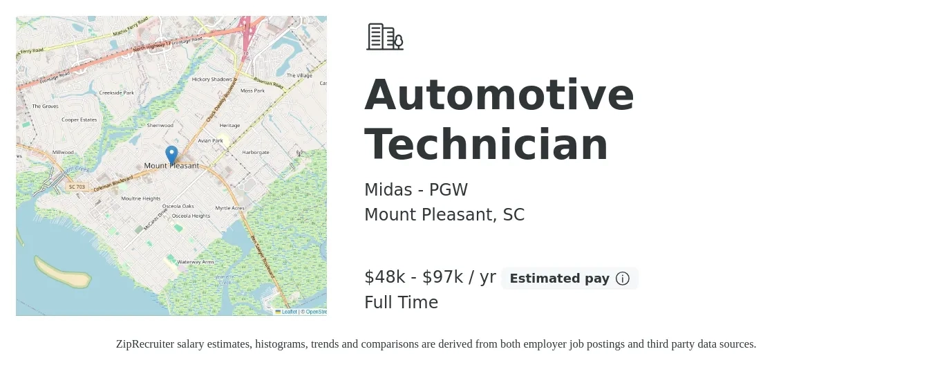 Midas - PGW job posting for a Automotive Technician in Mount Pleasant, SC with a salary of $48,000 to $97,000 Yearly with a map of Mount Pleasant location.